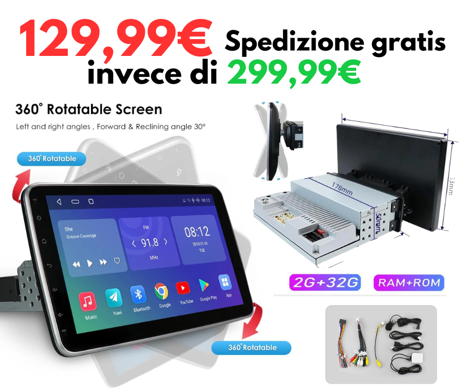 AUTORADIO ANDROID 10″ STEREO AUTO UNIVERSALE 1/2 DIN 2GB RAM 32ROM NOVITA'